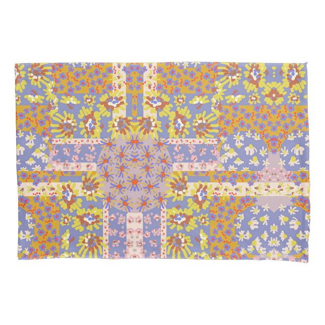 Modern Patchwork Daisy Flowers on Periwinkle Pillow Case (Front)
