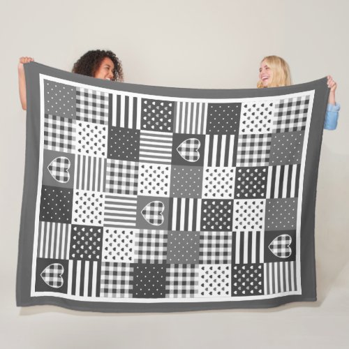 Modern patchwork quilt gingham black and white fleece blanket