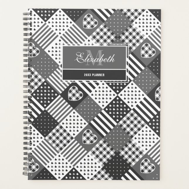 Modern patchwork quilt gingham black and white planner (Front)