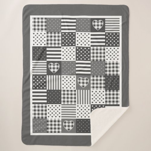 Modern patchwork quilt gingham black and white sherpa blanket