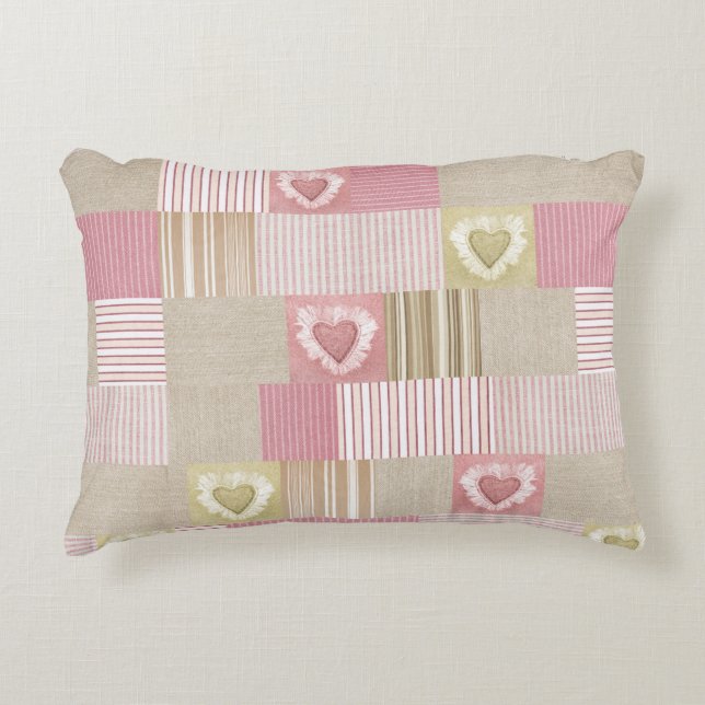 Modern Patchwork Quilt Striped Pink Beige Hearts Accent Pillow (Front)