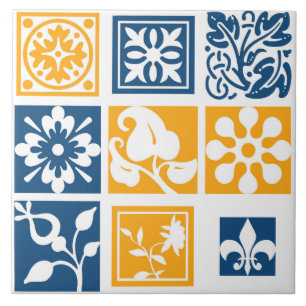 Modern, patchwork, white,navy blue, mustard yellow ceramic tile