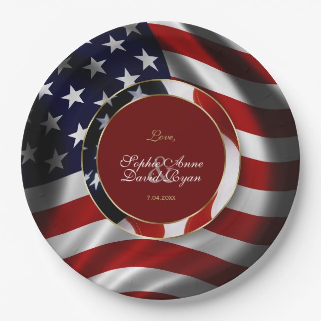Modern Patriotic Elegant USA Flag Gold Wedding Paper Plates (Front)