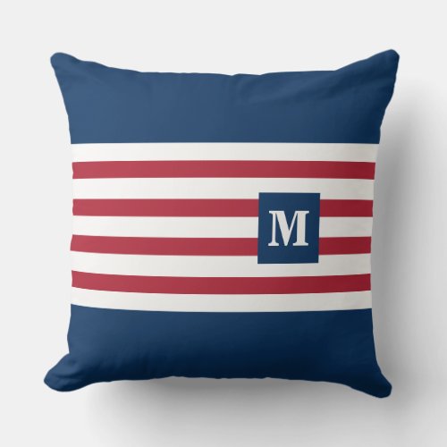 Modern Patriotic Red White Blue Stripes Initial Throw Pillow