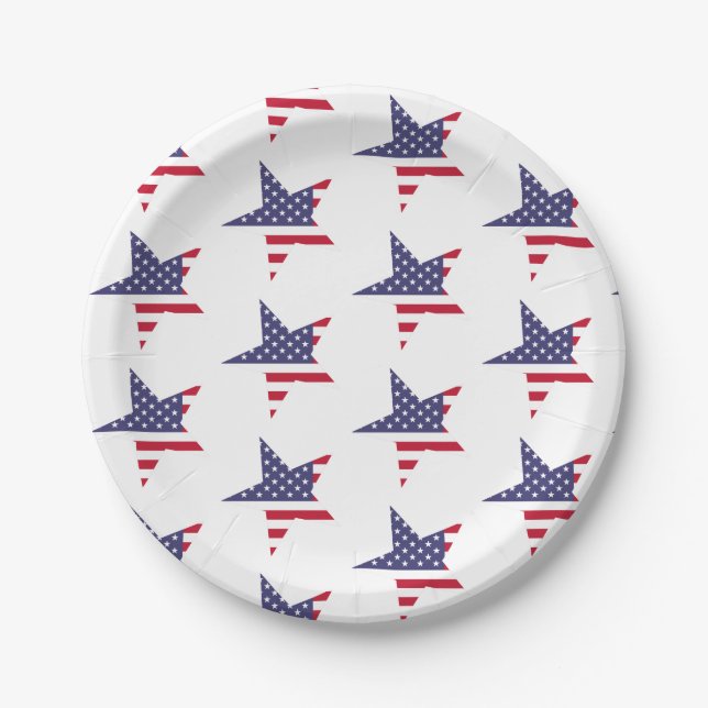Modern Patriotic Stars and Stripes Red White Blue Paper Plates (Front)
