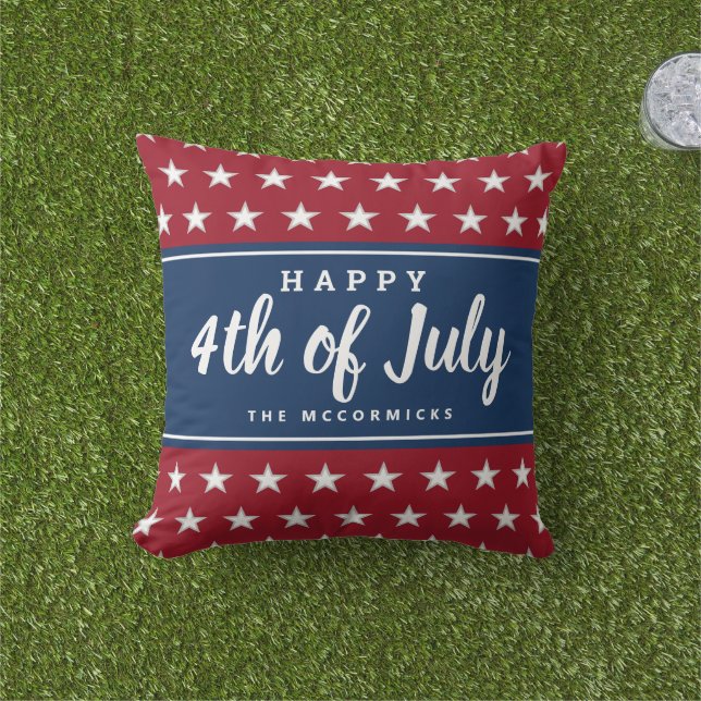 Modern Patriotic Stars Stripes July 4th Monogram  Outdoor Pillow (Grass)