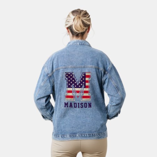 Modern Patriotic USA American Flag Monogram M Denim Jacket