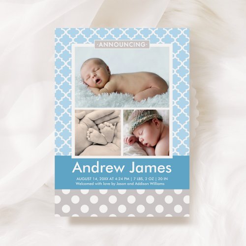 Modern Pattern Baby Boy Photo Blue Gray Birth Announcement