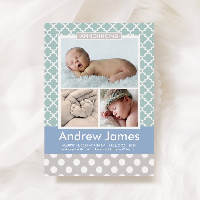 Modern Pattern Baby Boy Photo Green Gray Birth Announcement (Creator Uploaded)