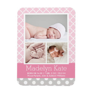 Modern Pattern Baby Girl Pink Gray Photo Birth Magnet