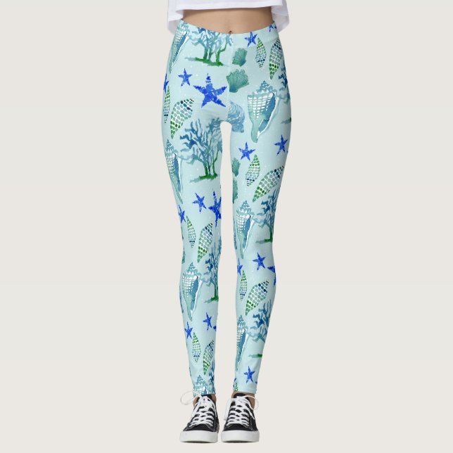 Modern Pattern Beach Seashell Shell Coral Starfish Leggings (Front)