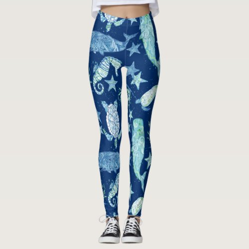 Modern Pattern Beach Whale Turtle Seahorse Star Leggings