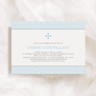 Modern Pattern Blue Cross Baby Boy Baptism Invitation