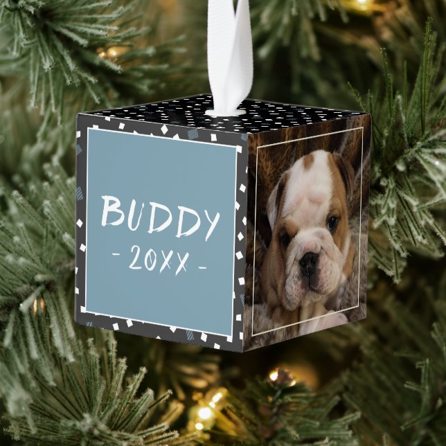 Modern Pattern Dog Cat 3 Photo Collage Cube Ornament (Tree)