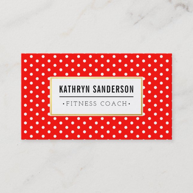 MODERN PATTERN gold logo polka dot bold red white Business Card (Front)