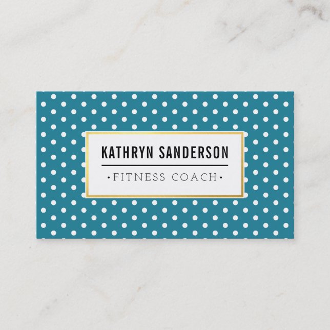 MODERN PATTERN gold logo polka dot teal blue white Business Card (Front)