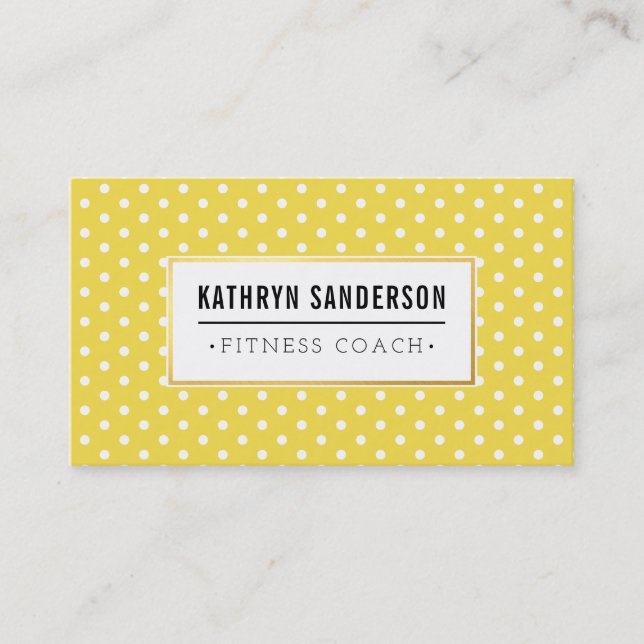 MODERN PATTERN gold logo polka dot yellow white Business Card (Front)