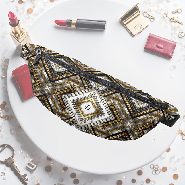 Modern pattern in silver, gold and black, monogram fanny pack (Creator Uploaded)