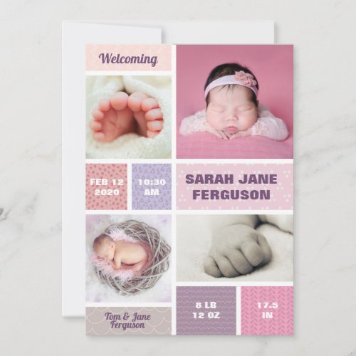 Modern Pattern Photo Collage Newborn Baby Girl Announcement