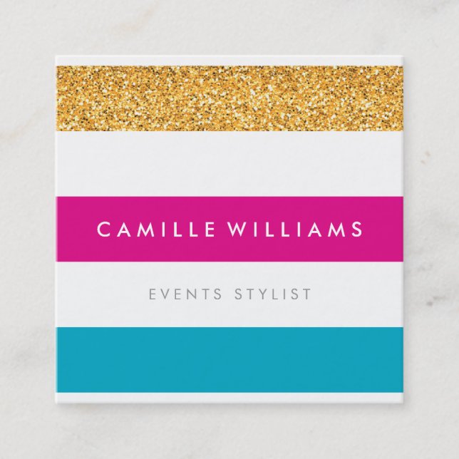 MODERN PATTERN stripe bright colorful gold glitter Square Business Card (Front)