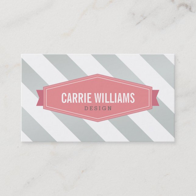 MODERN PATTERN striped coral retro logo gray Business Card (Front)