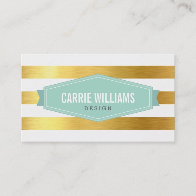 MODERN PATTERN striped mint badge logo gold foil Business Card (Front)