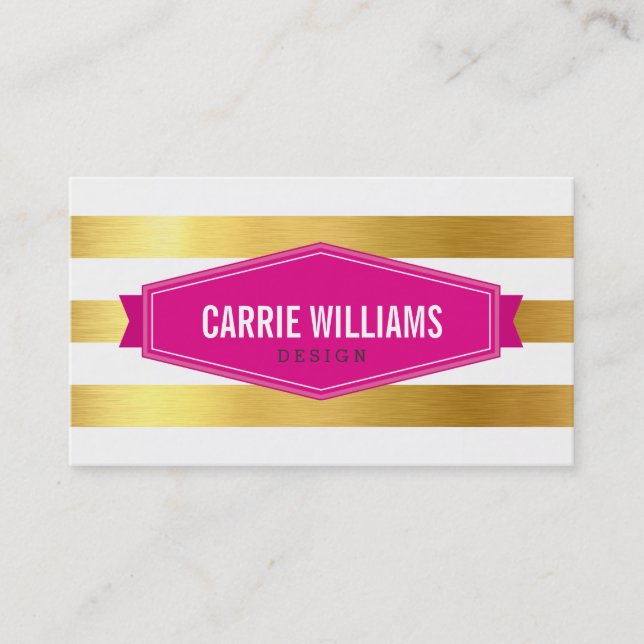 MODERN PATTERN striped pink badge logo gold foil Business Card (Front)