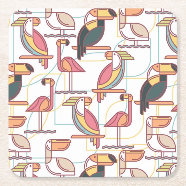 Modern Pattern With Tropical Birds Square Paper Coaster (Front)
