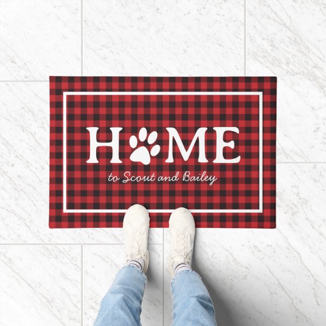 Modern Paw Print Home Pet Dog Cat Names Plaid Doormat (Indoor)