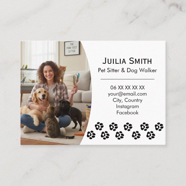 Modern Paw Print Photo Pet Sitter & Dog Walker  Business Card (Front)