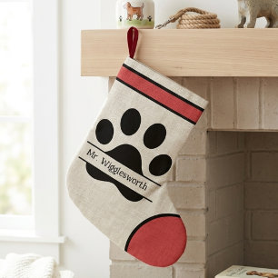 Modern Paw Print Red and Black Name Large Christmas Stocking