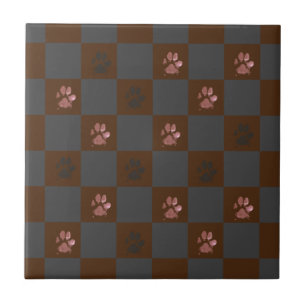 Modern Paw Prints Checkerboard Burgundy Gray    Ceramic Tile