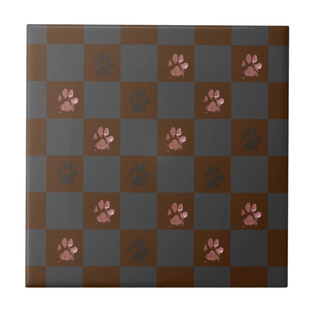 Modern Paw Prints Checkerboard Burgundy Gray |  Ceramic Tile (Front)