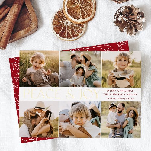 Modern Peace and Joy 6 Photo Red and Gold Foil Holiday Card