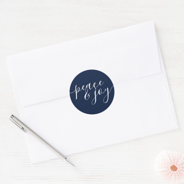 Modern Peace And Joy Blue White Christmas Classic Round Sticker (Envelope)