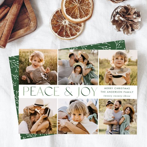 Modern Peace and Joy Green 6 Photo Collage Holiday Card