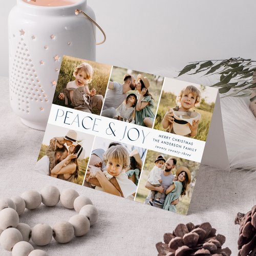 Modern Peace and Joy Navy 7 Photo Collage Holiday Card