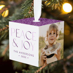 Modern Peace and Joy Purple 3 Photo Cube Ornament