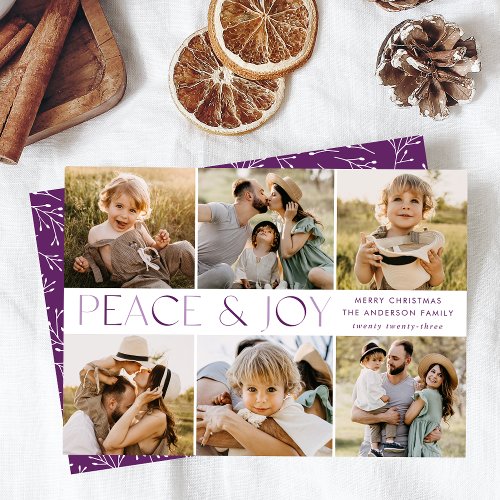 Modern Peace and Joy Purple 6 Photo Collage Holiday Card
