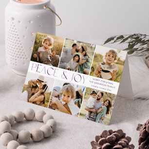 Modern Peace and Joy Purple 7 Photo Collage Holiday Card