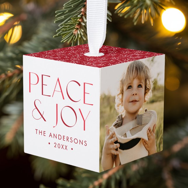 Modern Peace and Joy Red 3 Photo Cube Ornament (Creator Uploaded)