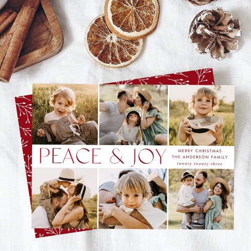 Modern Peace and Joy Red 6 Photo Collage Holiday Card