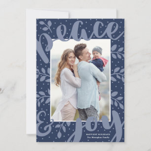 Modern Peace and Joy Stylish Christmas Blue Photo Holiday Card