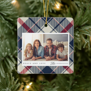 Modern Peace and Love Christmas Family Photo Ceramic Ornament