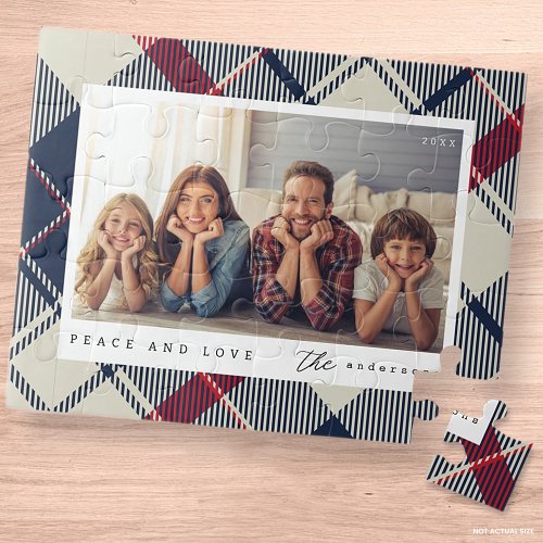 Modern Peace and Love Christmas Family Photo Jigsaw Puzzle