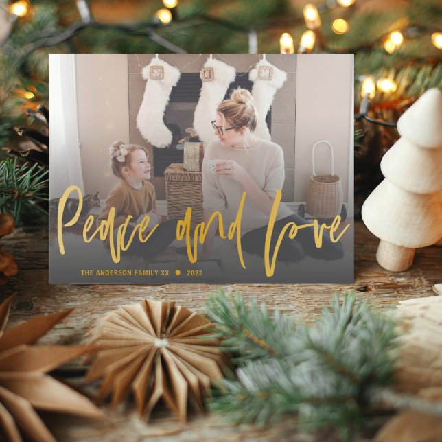 Modern Peace and Love Gold Script Photo Christmas  Postcard (Creator Uploaded)