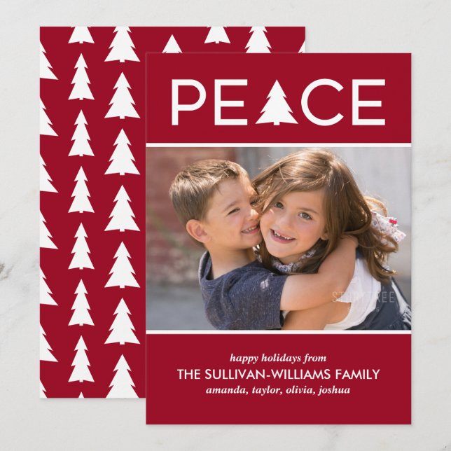 Modern Peace Custom Photo Holiday Tree Burgundy Card (Front/Back)