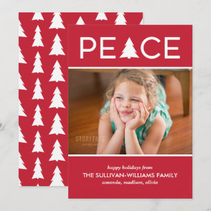 Modern Peace Custom Photo Holiday Tree Red White Card