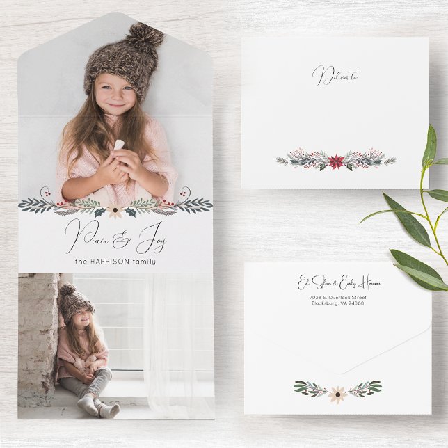 Modern Peace & Joy Christmas Botanical Photo All In One Invitation (Creator Uploaded)