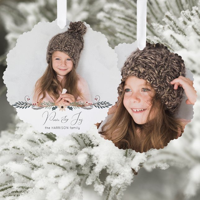 Modern Peace & Joy Christmas Botanical Photo Ornament Card (Creator Uploaded)